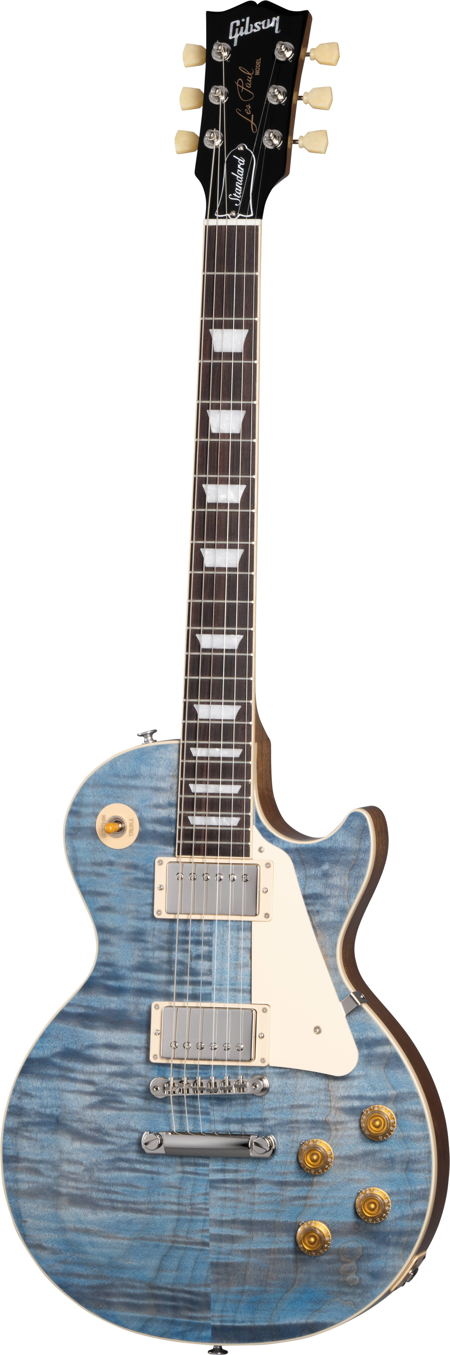 Full frontal of Gibson Les Paul Standard 50s Figured Top Ocean Blue.