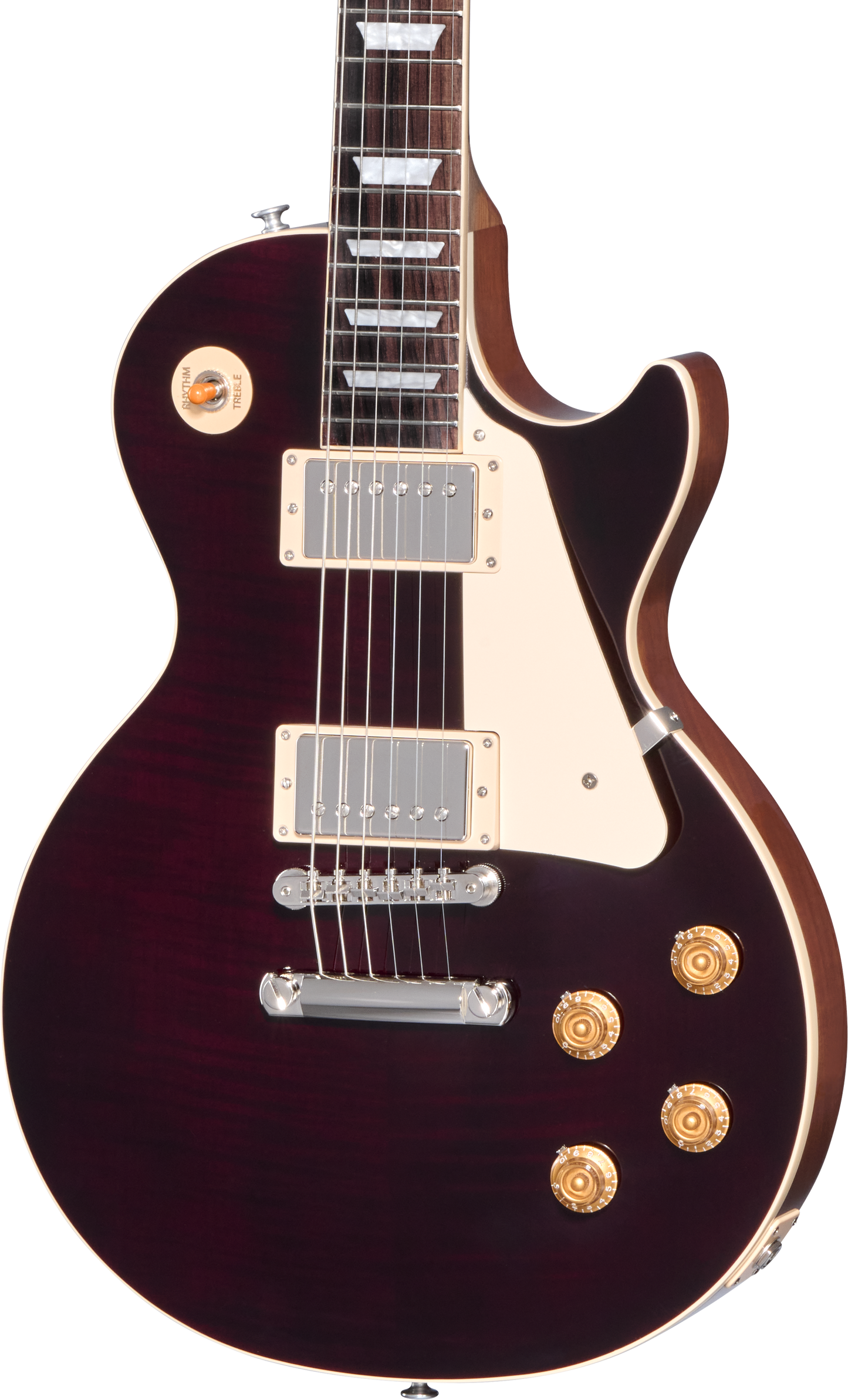 Front of Gibson Les Paul Standard 50s Figured Top Translucent Oxblood.