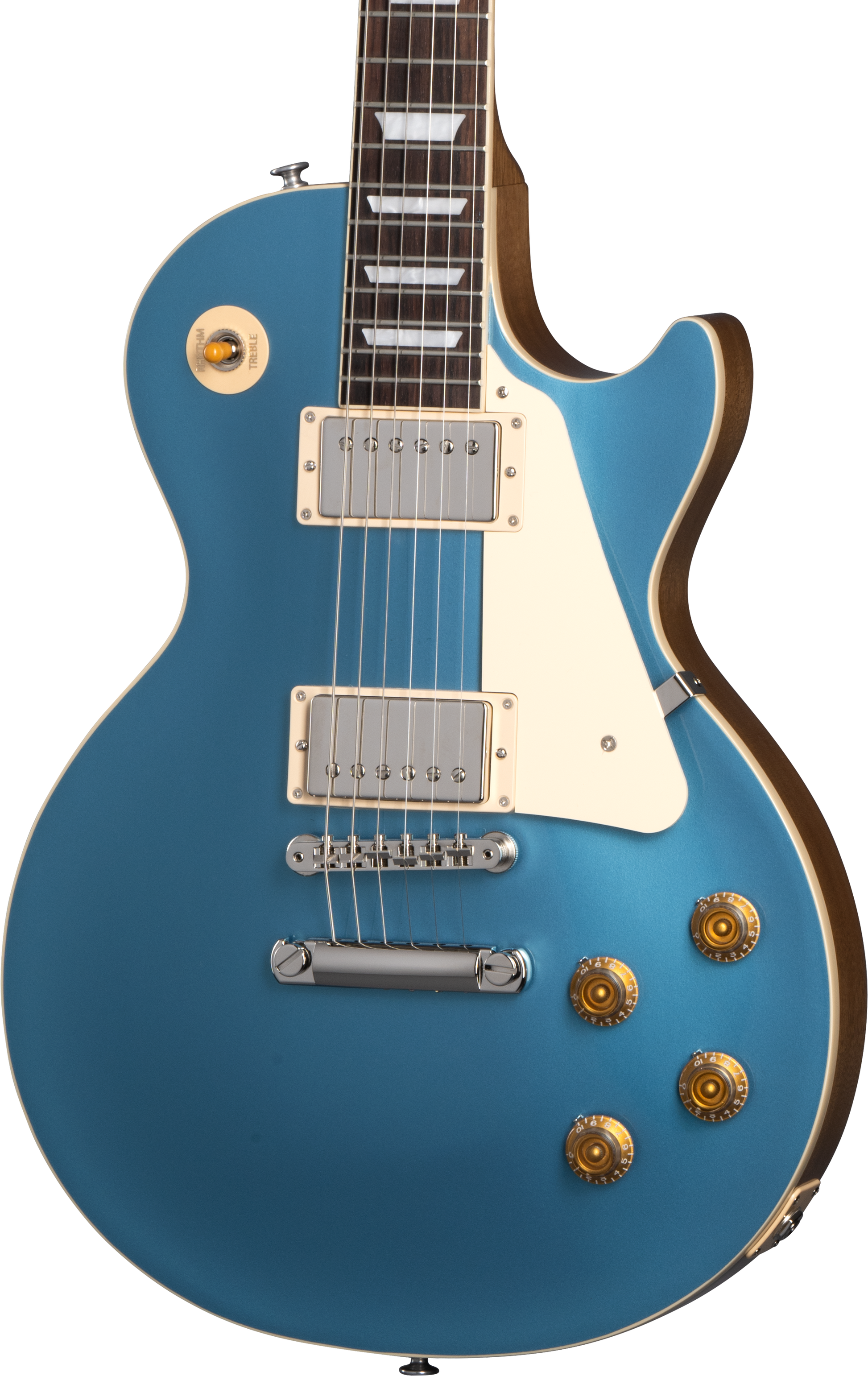 Front of Gibson Les Paul Standard 50s Plain Top Pelham Blue Top.