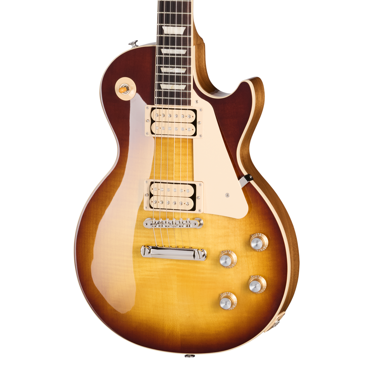 Front of Gibson Les Paul Standard 60s Double Trouble Vintage Tobacco Burst Gloss.