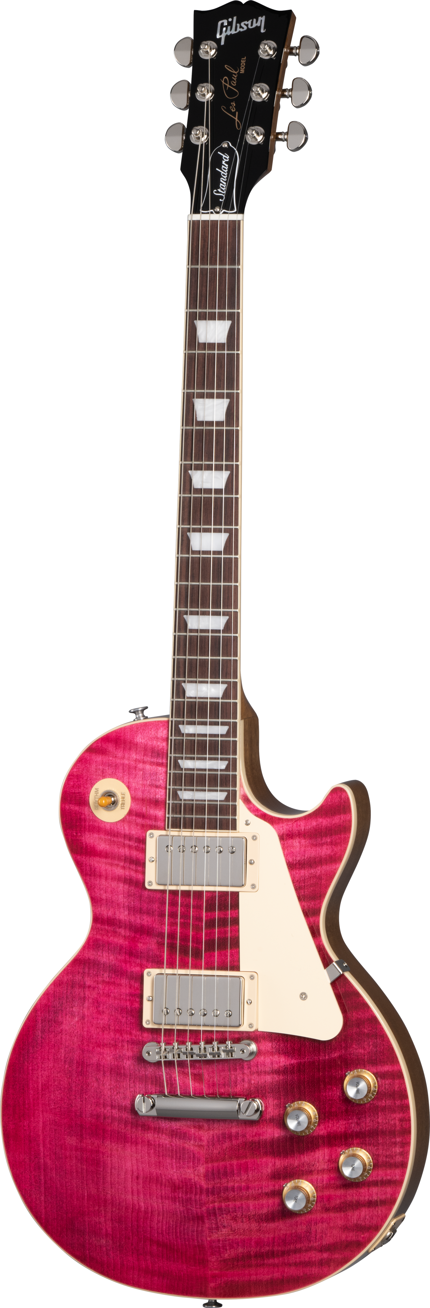 Full frontal of Gibson Les Paul Standard 60s Figured Top Translucent Fuchsia.