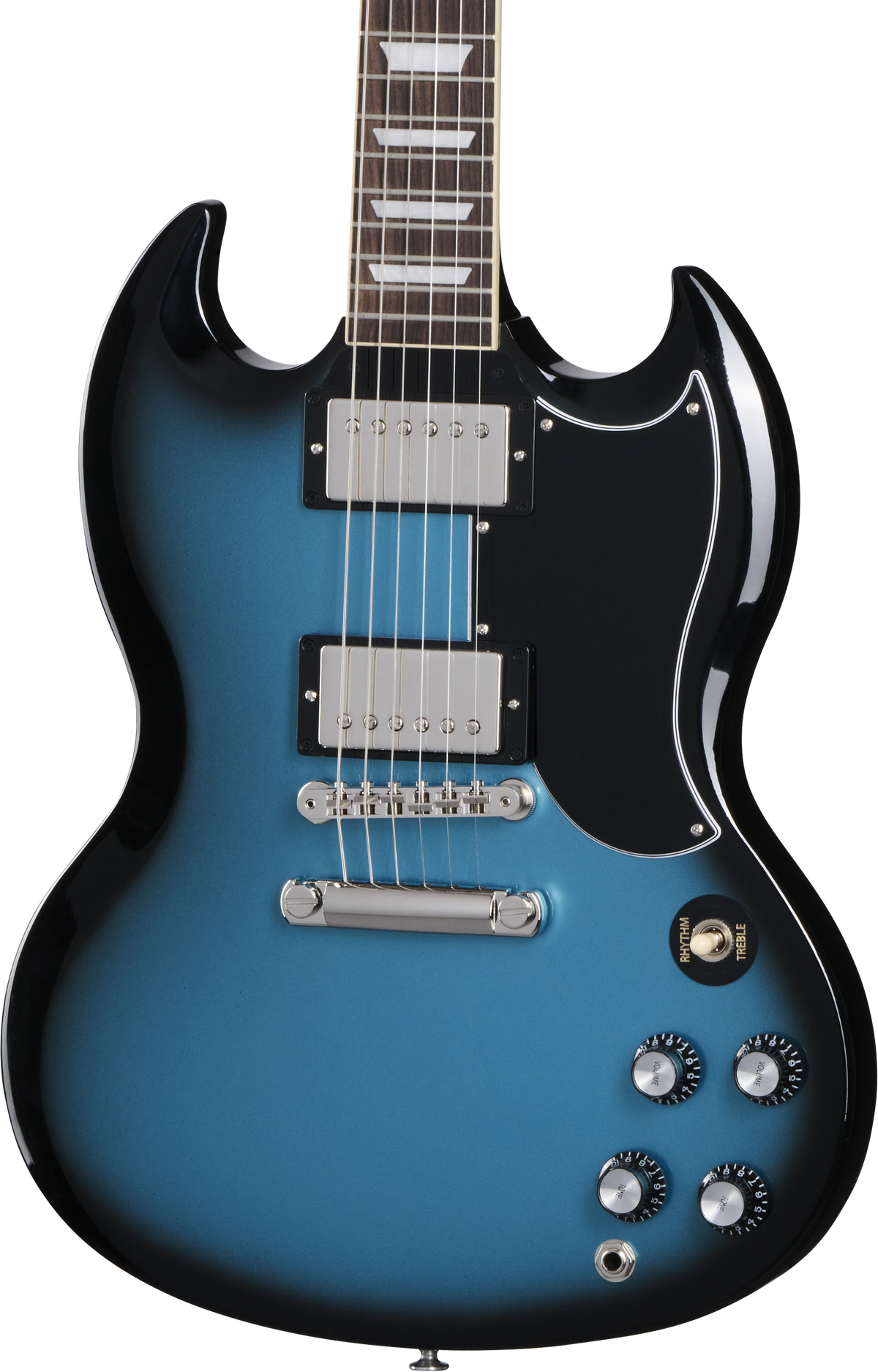 Front of Gibson SG Standard 61 Stop Bar Pelham Blue Burst.