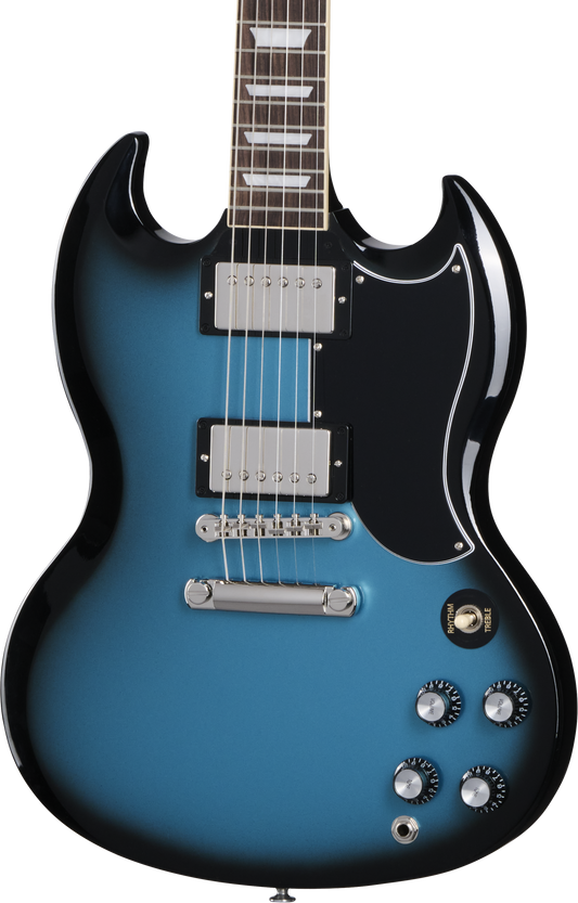 Front of Gibson SG Standard 61 Stop Bar Pelham Blue Burst.