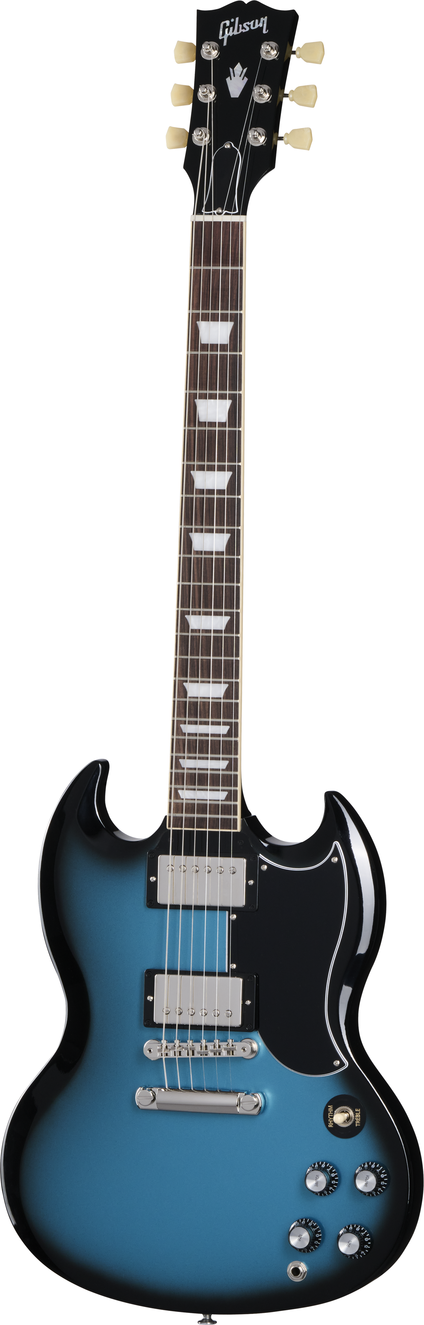 Full frontal of Gibson SG Standard 61 Stop Bar Pelham Blue Burst.