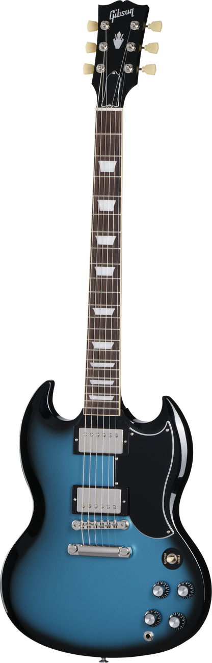 Full frontal of Gibson SG Standard 61 Stop Bar Pelham Blue Burst.