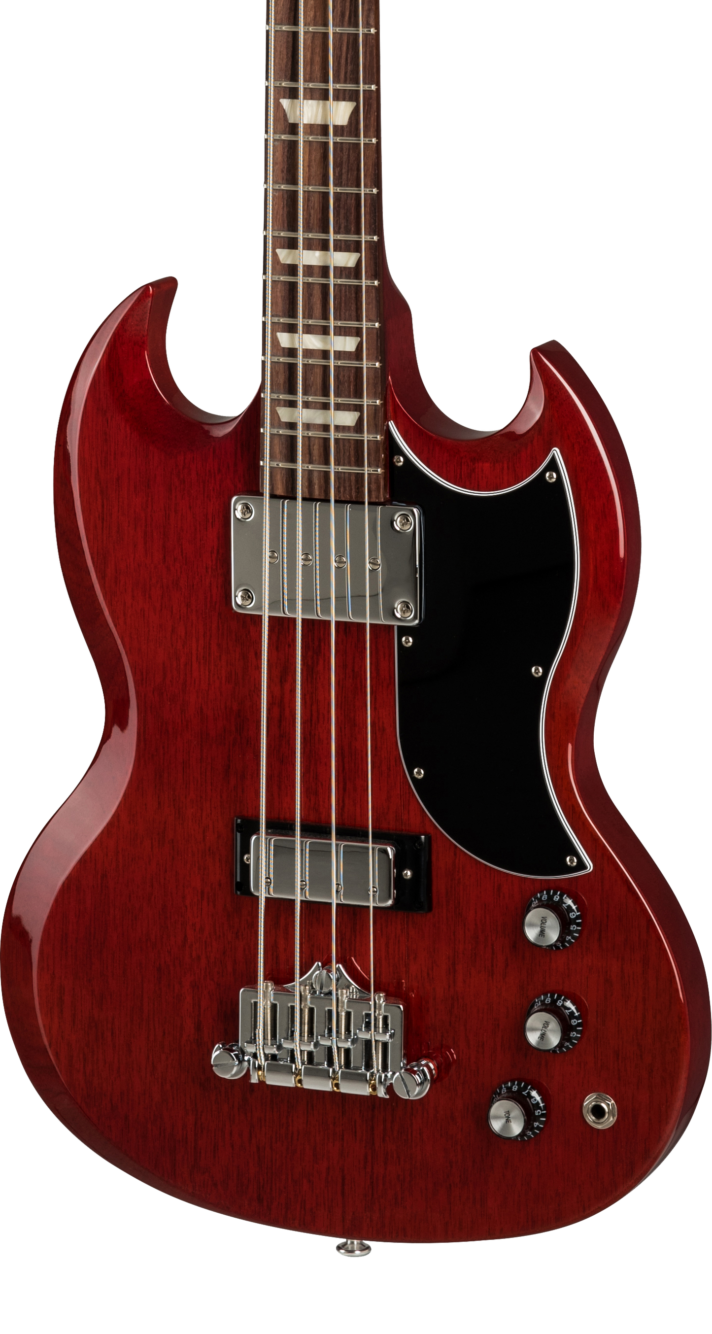 Front of Gibson SG Standard Bass Heritage Cherry.
