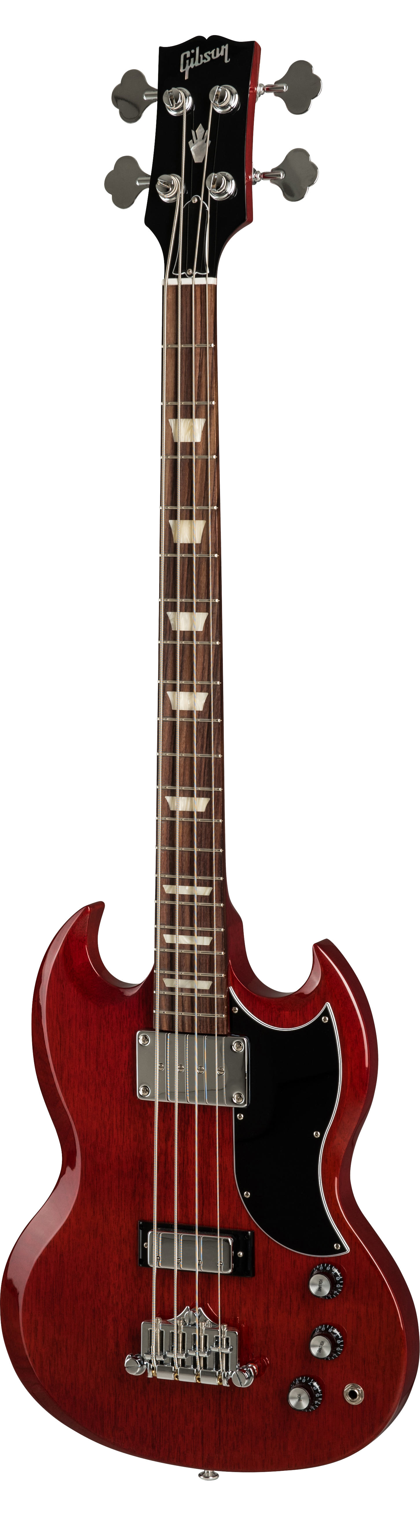 Full frontal of Gibson SG Standard Bass Heritage Cherry.