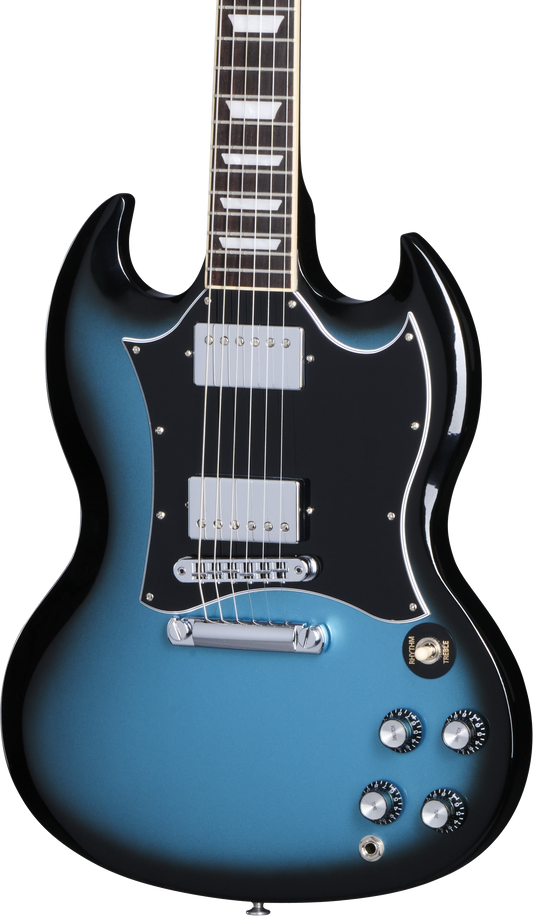 Front of Gibson SG Standard Pelham Blue Burst.