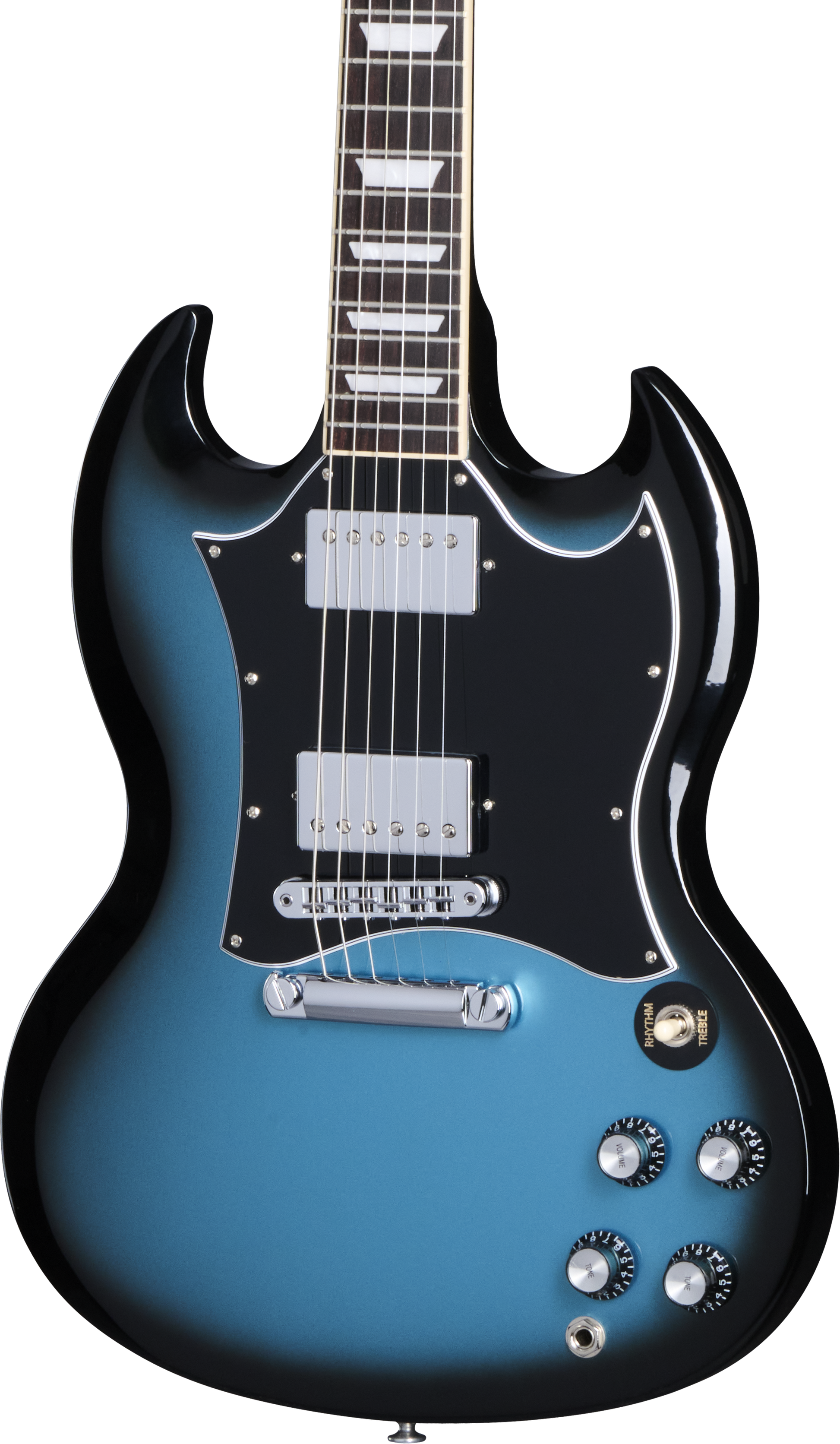 Front of Gibson SG Standard Pelham Blue Burst.
