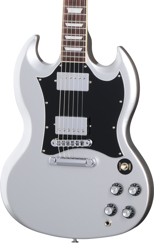 Front of Gibson SG Standard Silver Mist.