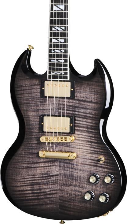 Front of Gibson SG Supreme Translucent Ebony Burst.