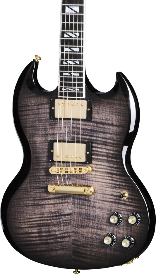 Front of Gibson SG Supreme Translucent Ebony Burst.