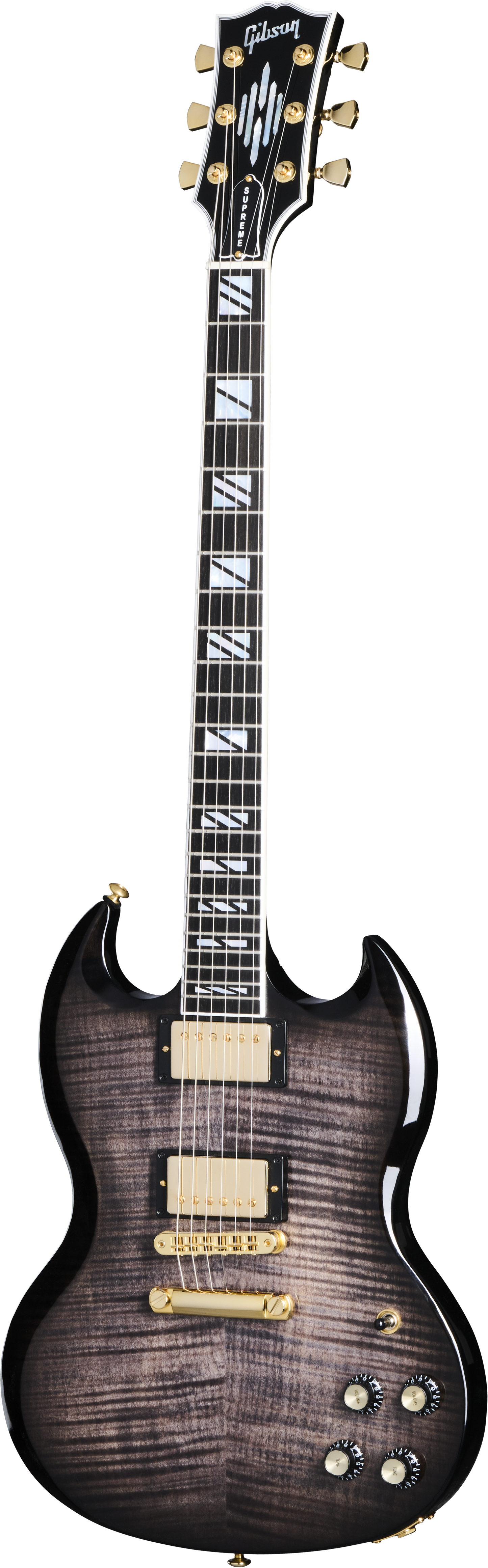 Full frontal of Gibson SG Supreme Translucent Ebony Burst.