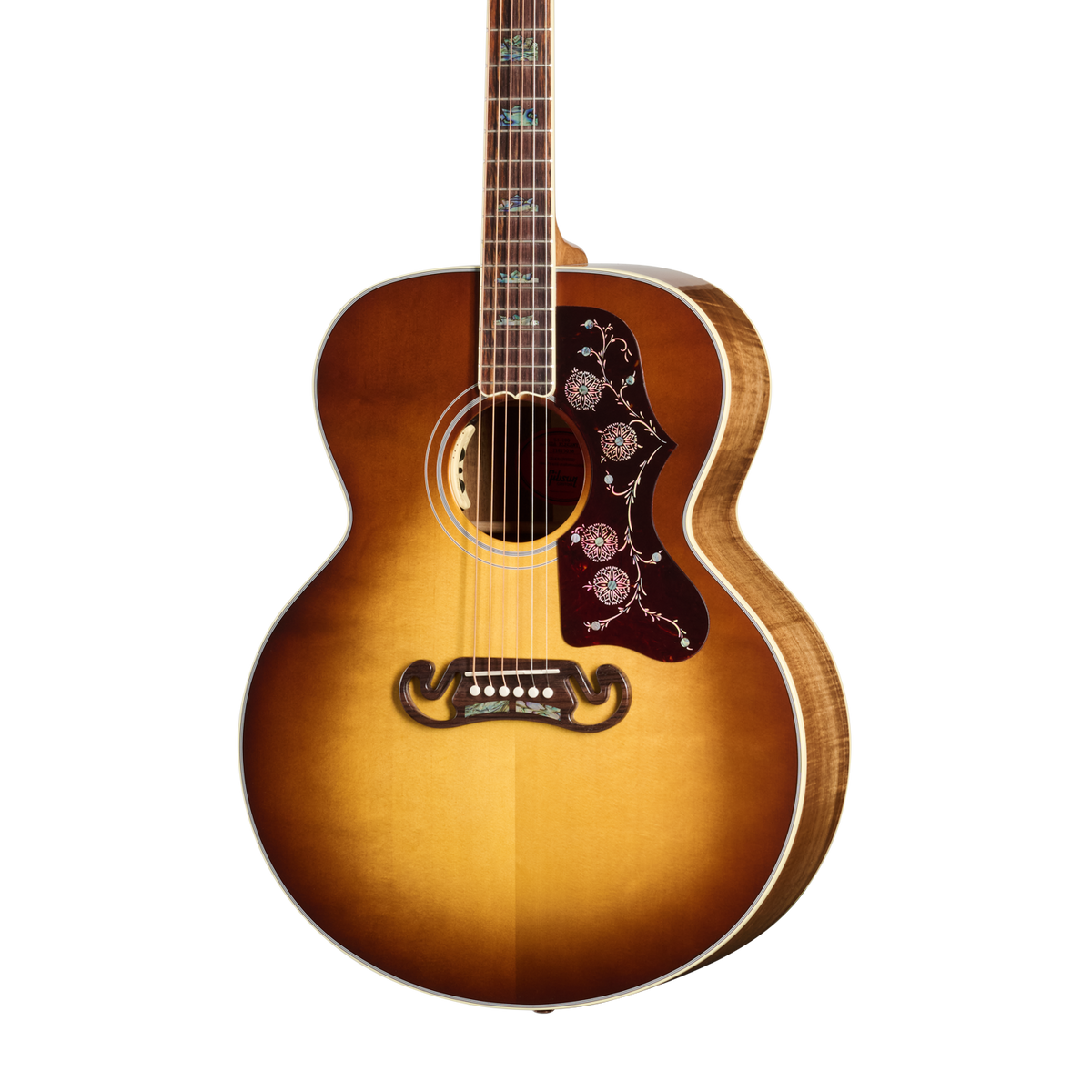 Front of Gibson SJ-200 Elegant Koa Honey Burst.