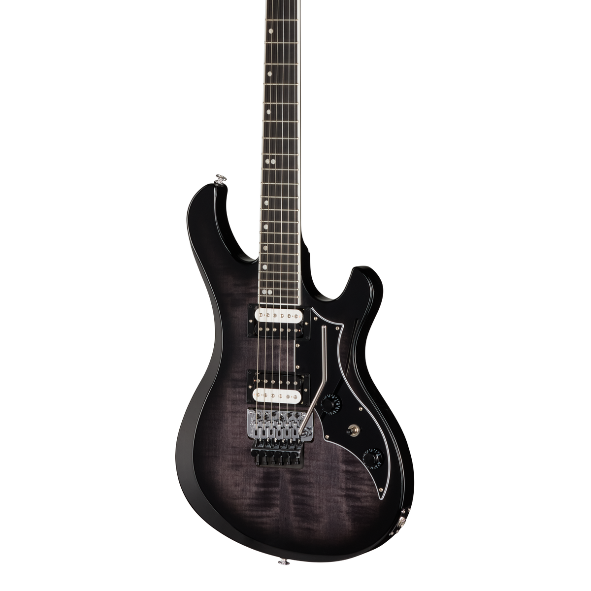 Front of Gibson Victory Floyd Rose Translucent Ebony Burst.