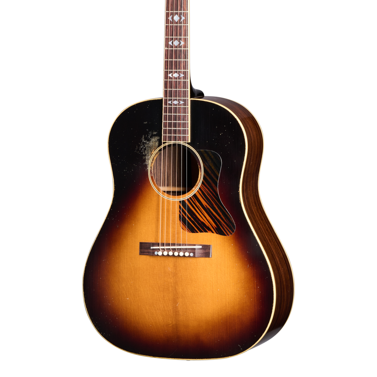 Front of Gibson 1936 Advanced Jumbo Heavy Aged Vintage Sunburst.