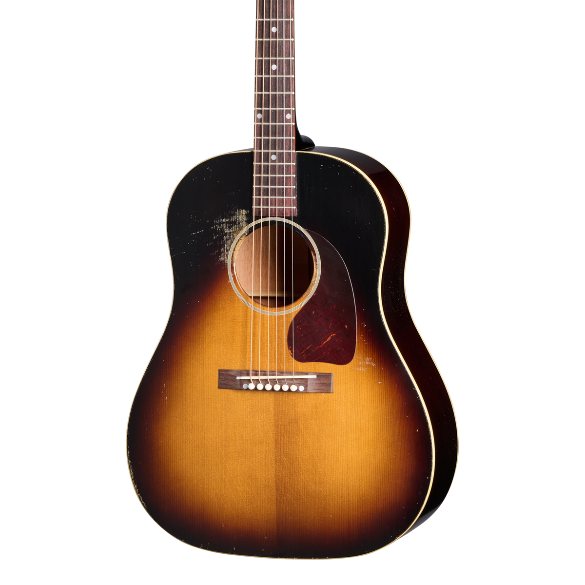 Front of Gibson 1942 Banner J-45 Heavy Aged Vintage Sunburst.