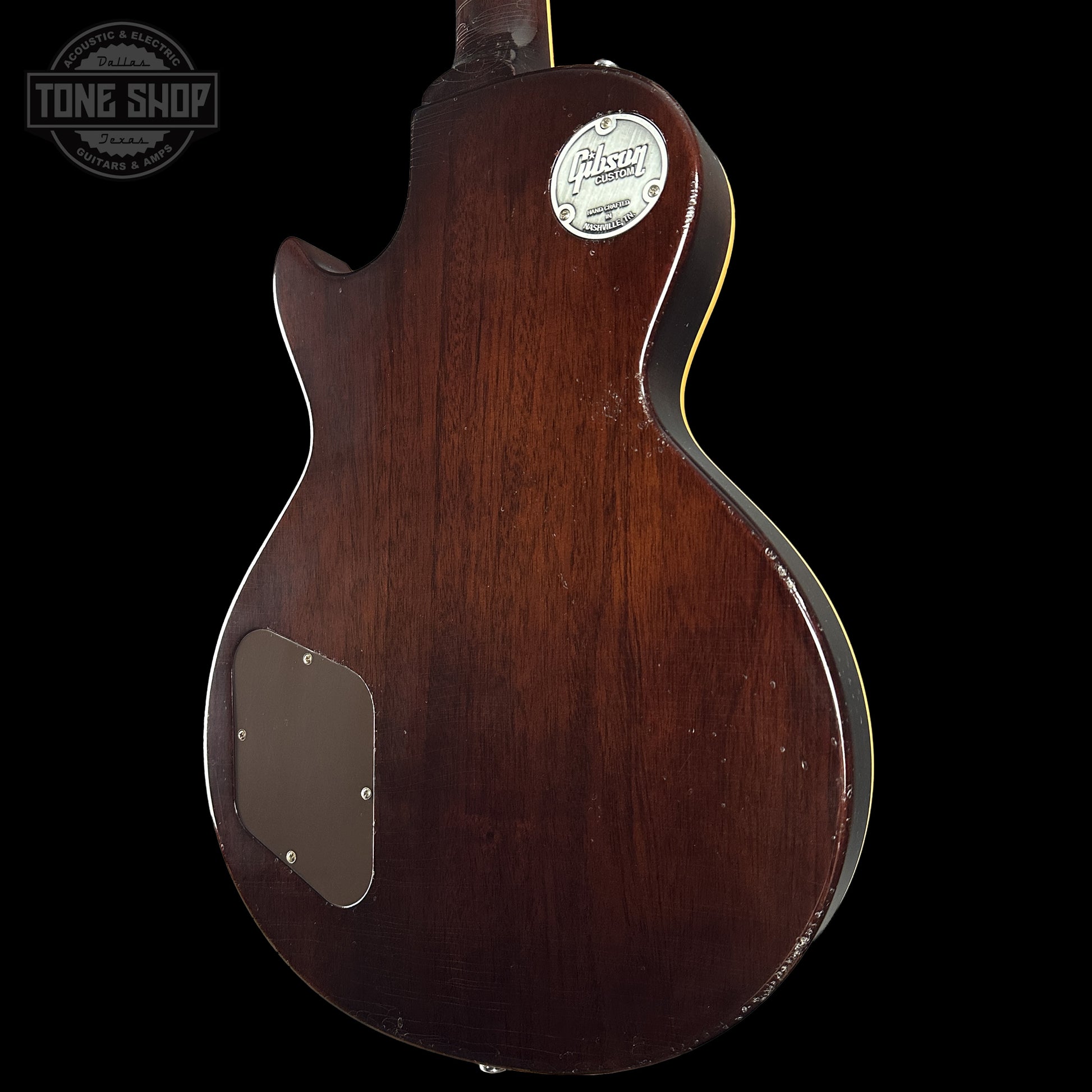 Back right angle of Gibson Custom Dealer Select 1956 Les Paul Chambered Goldtop Aged 64470 body.