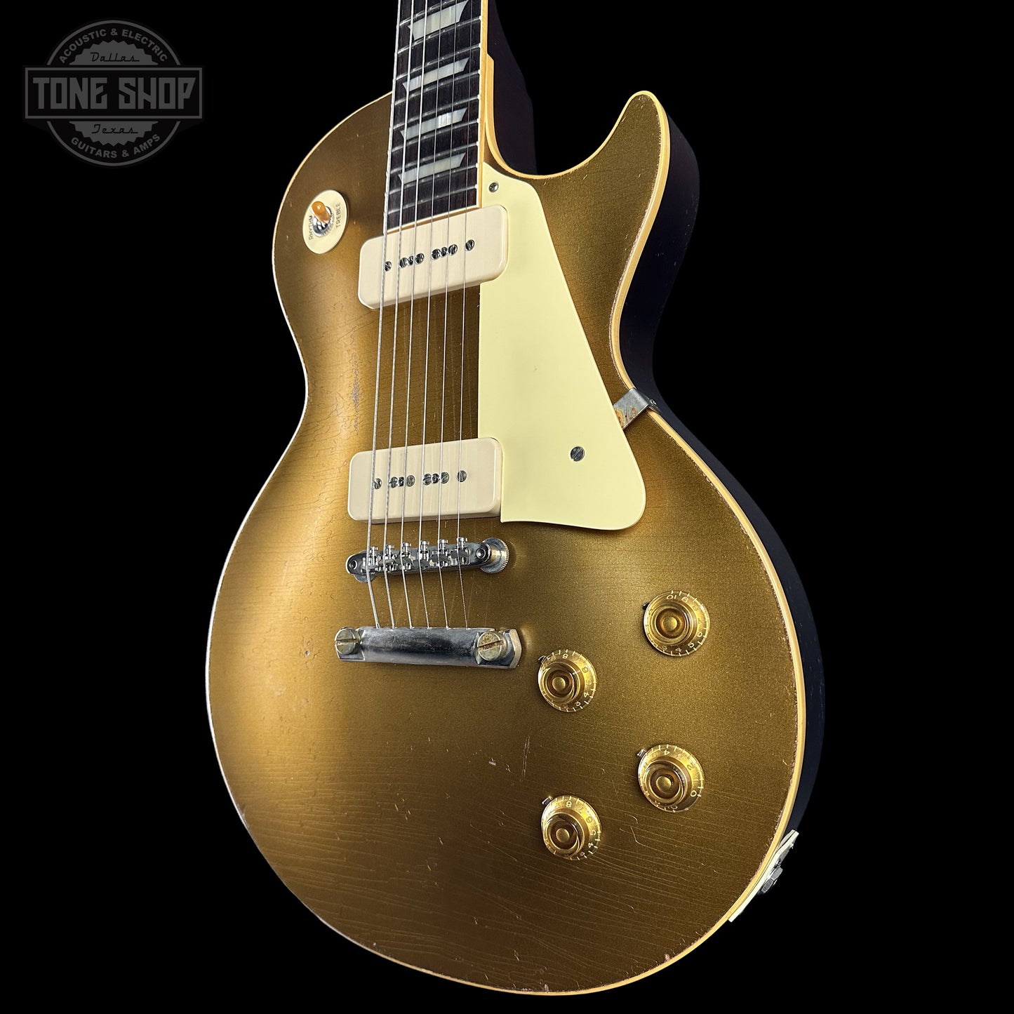 Front right angle of Gibson Custom Dealer Select 1956 Les Paul Chambered Goldtop Aged 64470 body.