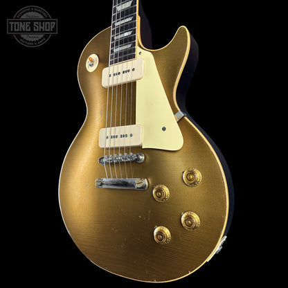 Front right angle of Gibson Custom Dealer Select 1956 Les Paul Chambered Goldtop Aged 64470 body.