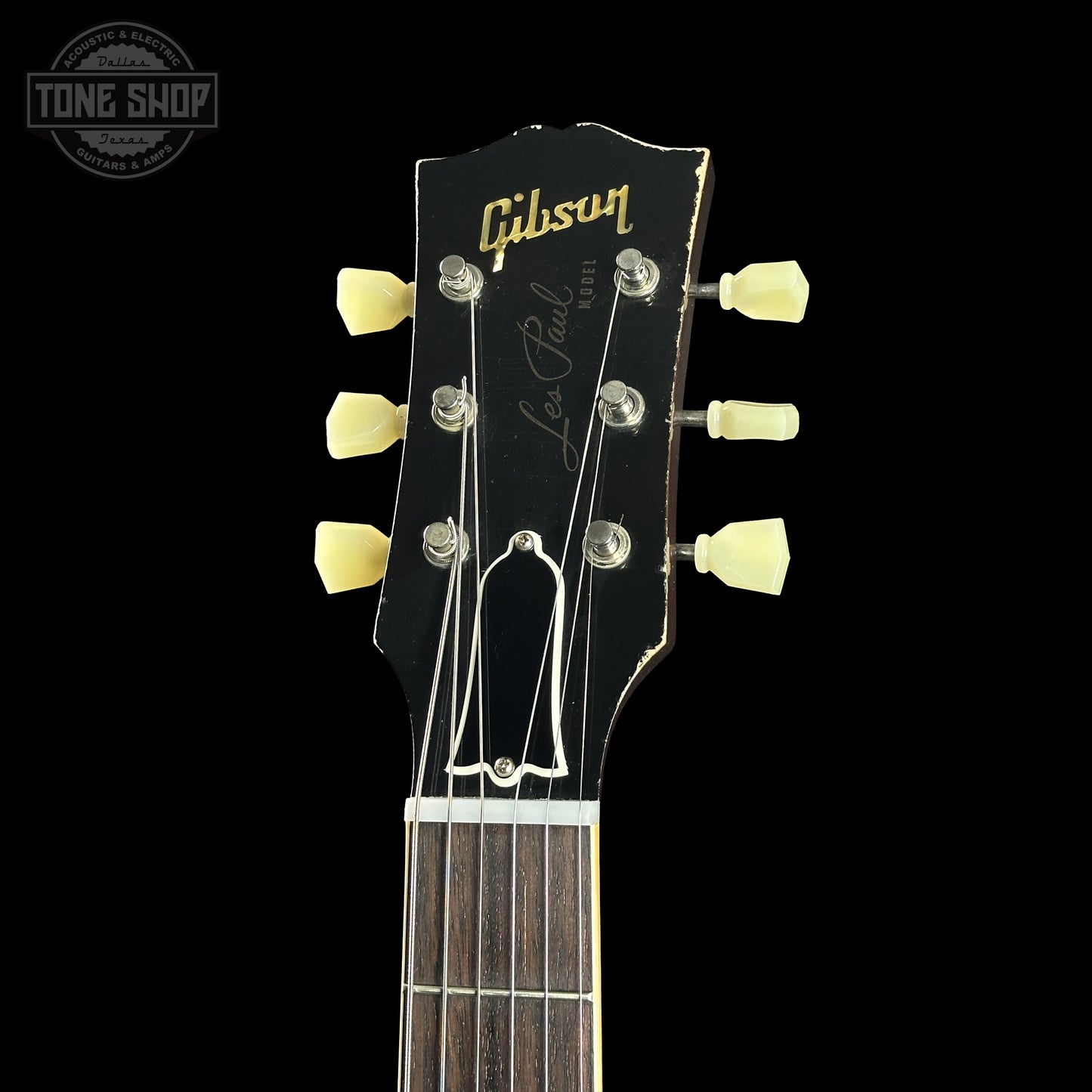 Headstock of Gibson Custom Dealer Select 1956 Les Paul Chambered Goldtop Aged 64470.