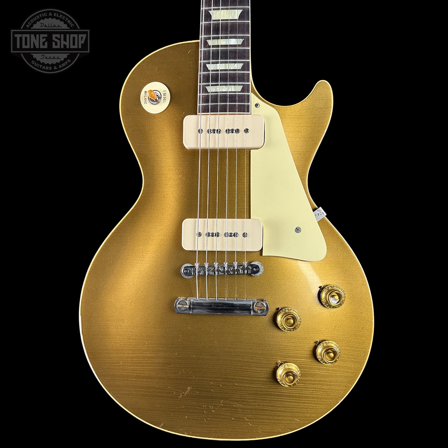 Front of Gibson Custom Dealer Select 1956 Les Paul Chambered Goldtop Aged 64498.