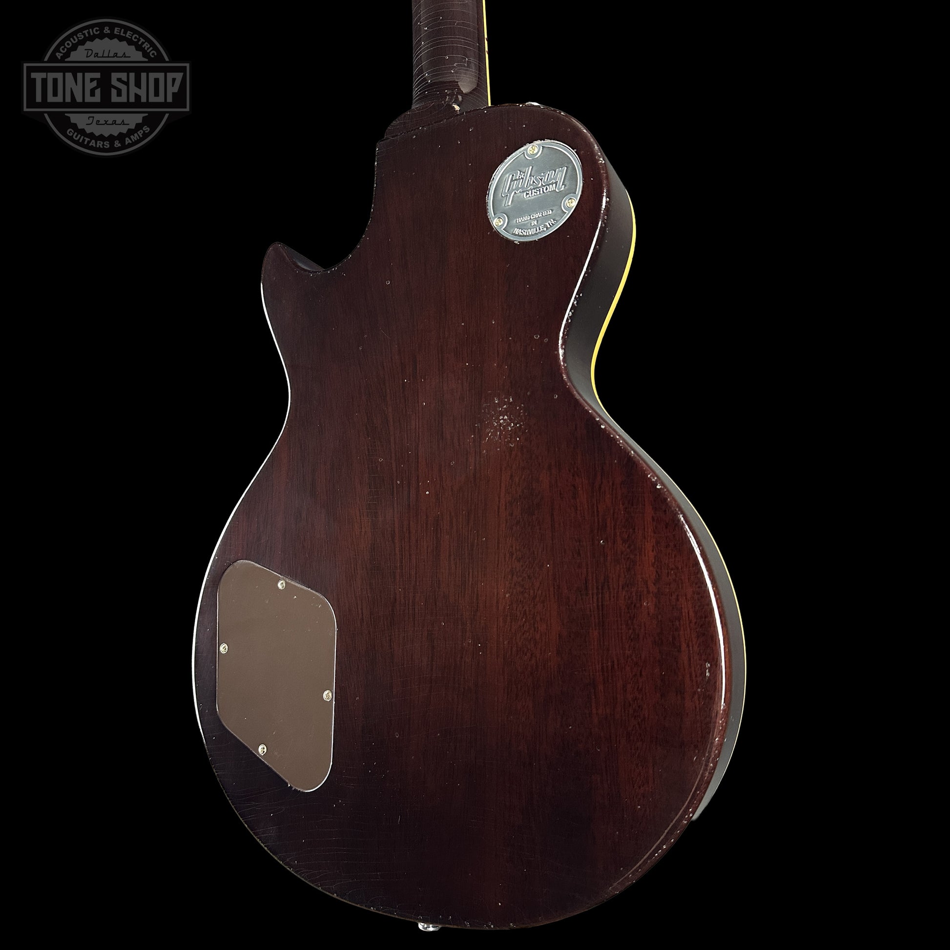 Back right angle of Gibson Custom Dealer Select 1956 Les Paul Chambered Goldtop Aged 64498 body.