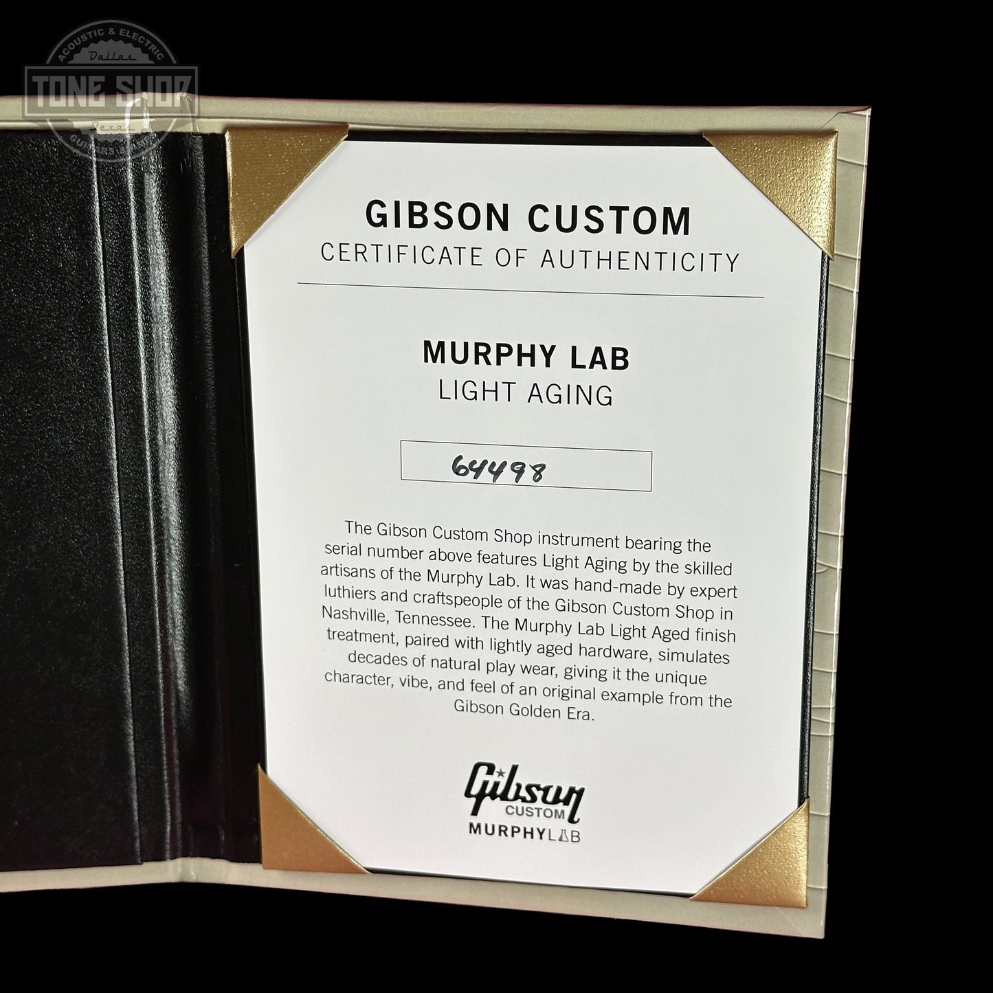 Certificate of authenticity for Gibson Custom Dealer Select 1956 Les Paul Chambered Goldtop Aged 64498.