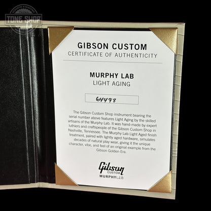 Certificate of authenticity for Gibson Custom Dealer Select 1956 Les Paul Chambered Goldtop Aged 64498.