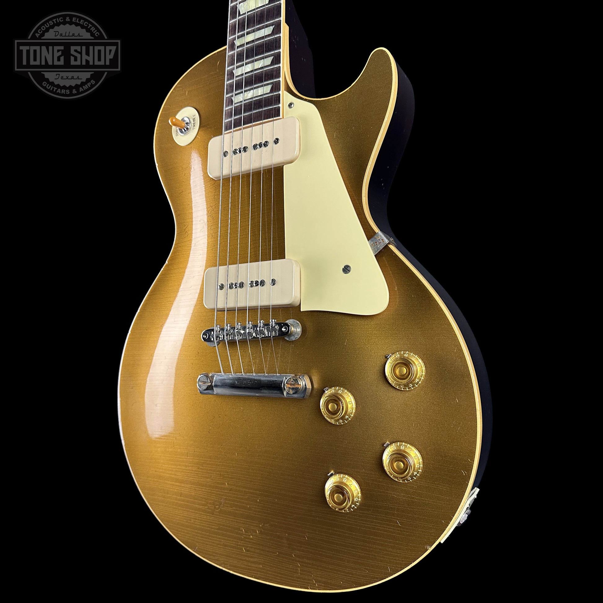 Front right angle of Gibson Custom Dealer Select 1956 Les Paul Chambered Goldtop Aged 64498 body.
