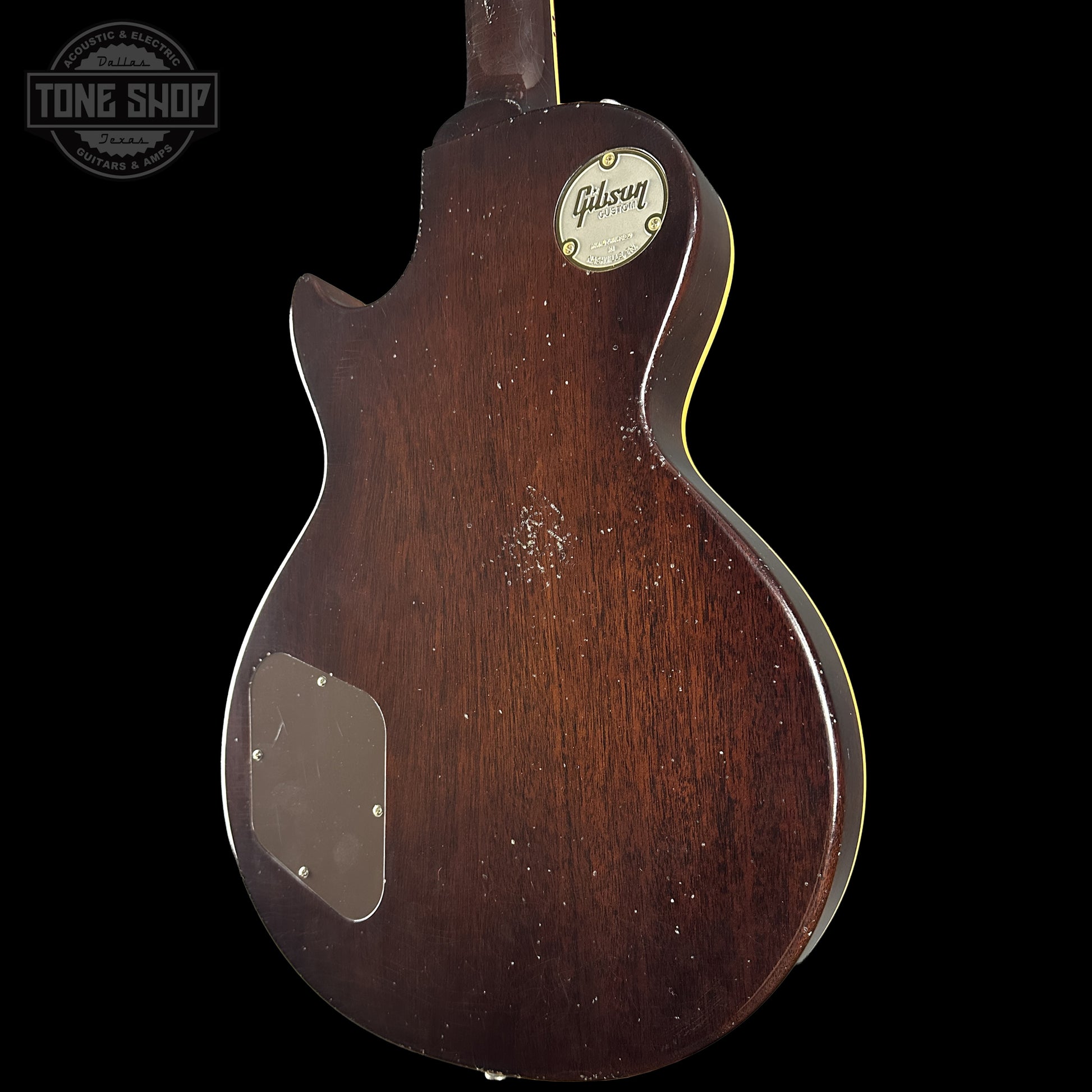 Back right angle of Gibson Custom Dealer Select 1956 Les Paul Chambered Goldtop Aged 65025 body.