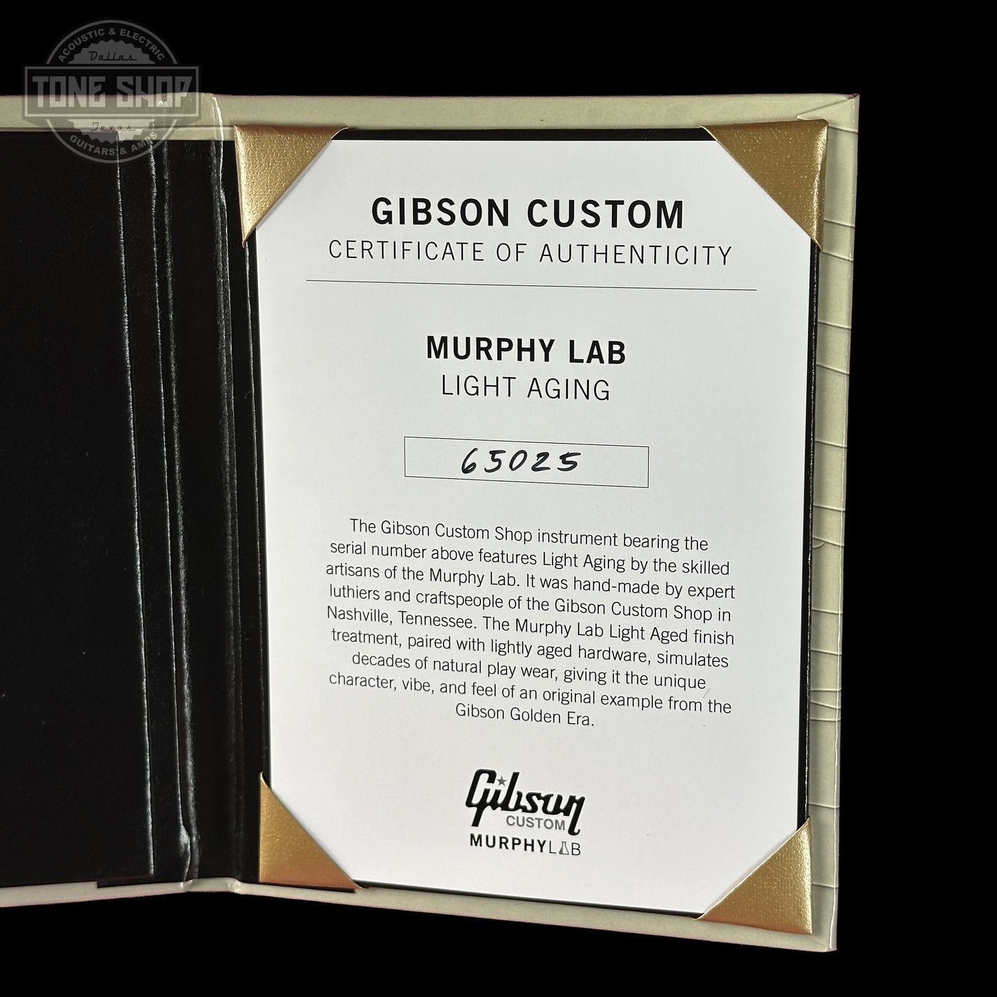 Certificate of Authenticity for Gibson Custom Dealer Select 1956 Les Paul Chambered Goldtop Aged 65025.