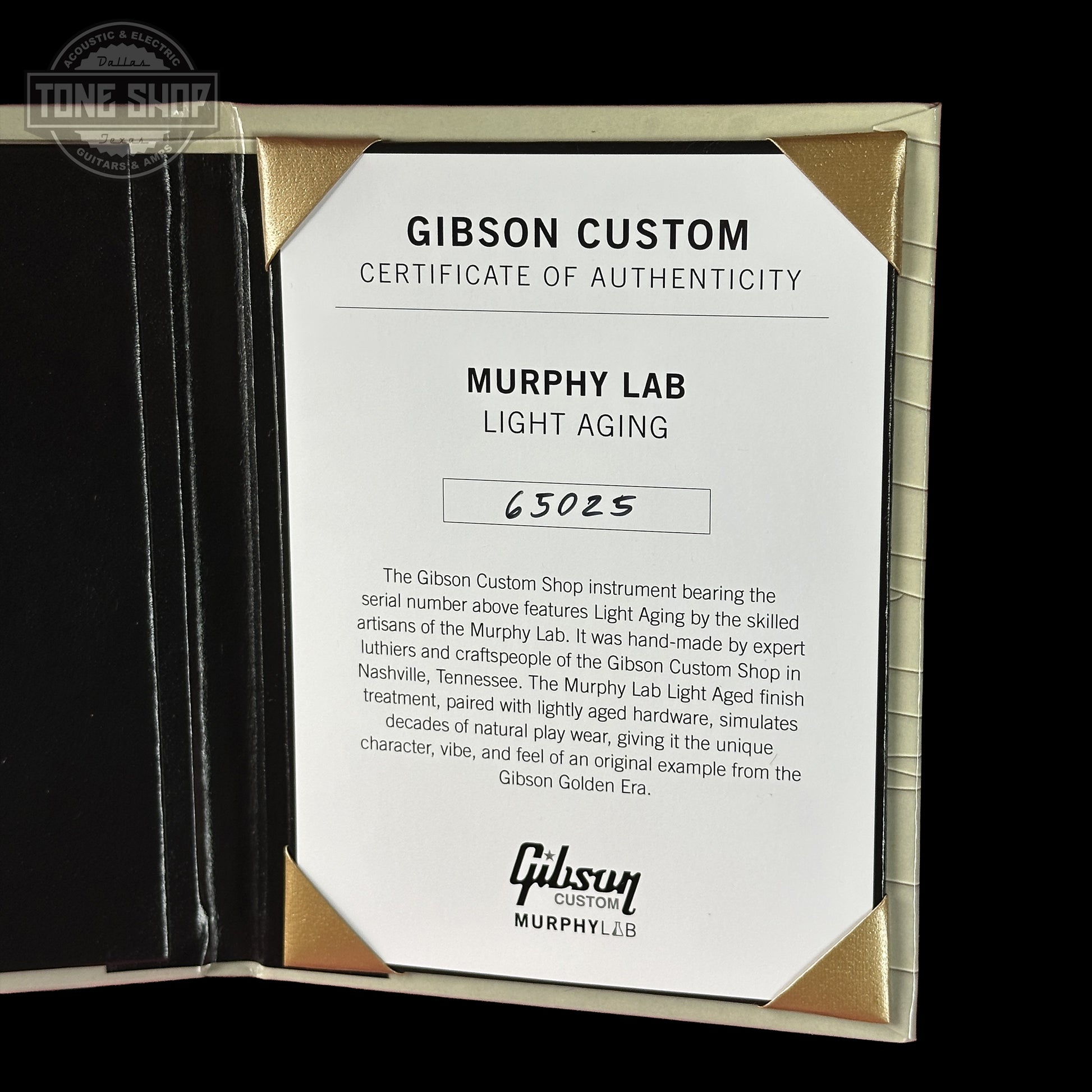 Certificate of Authenticity for Gibson Custom Dealer Select 1956 Les Paul Chambered Goldtop Aged 65025.