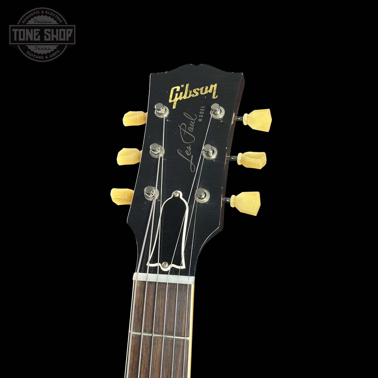 Headstock of Gibson Custom Dealer Select 1956 Les Paul Chambered Goldtop Aged 65025.