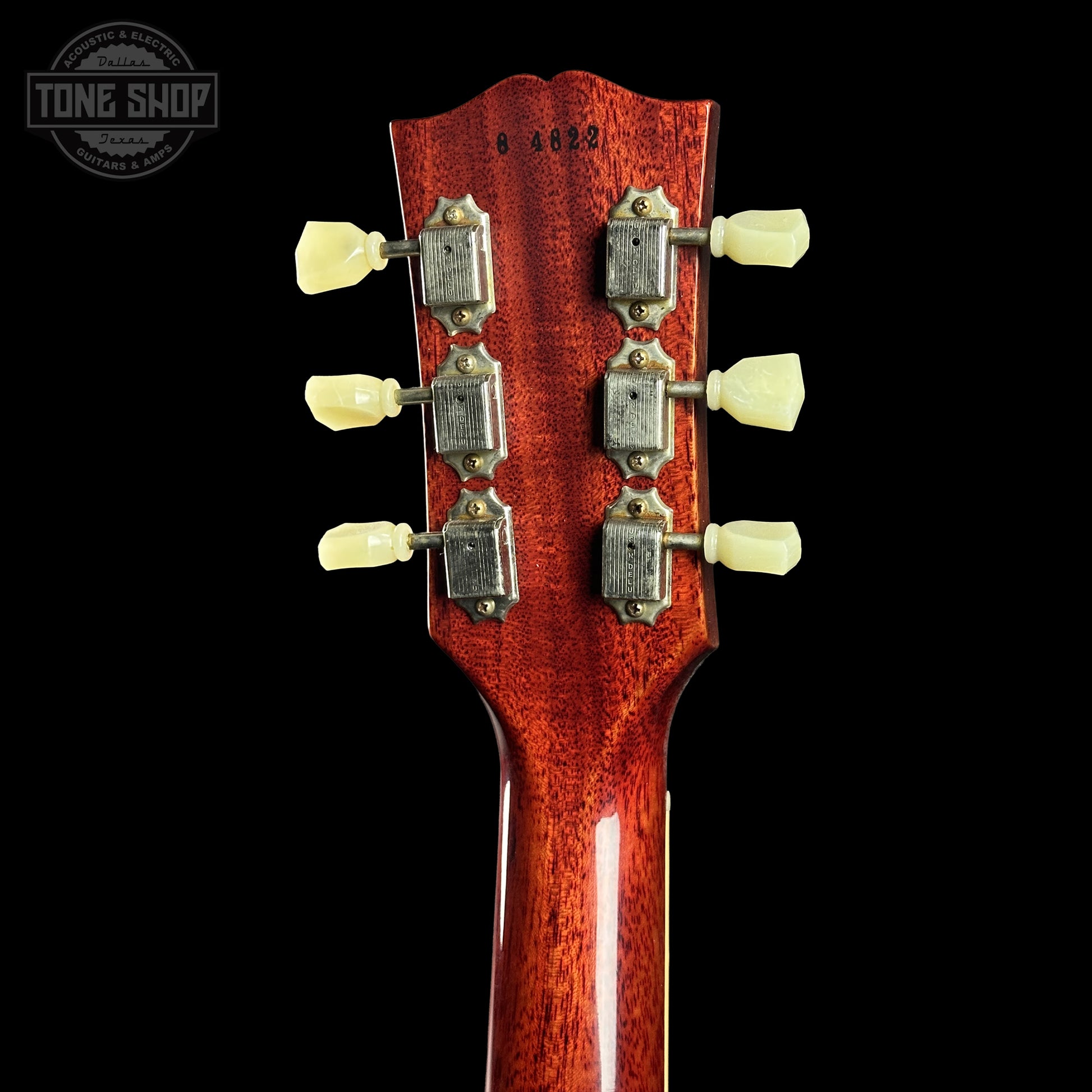 Back of Gibson Custom Dealer Select 1958 Les Paul Chambered Golden Poppy VOS 84822 headstock.