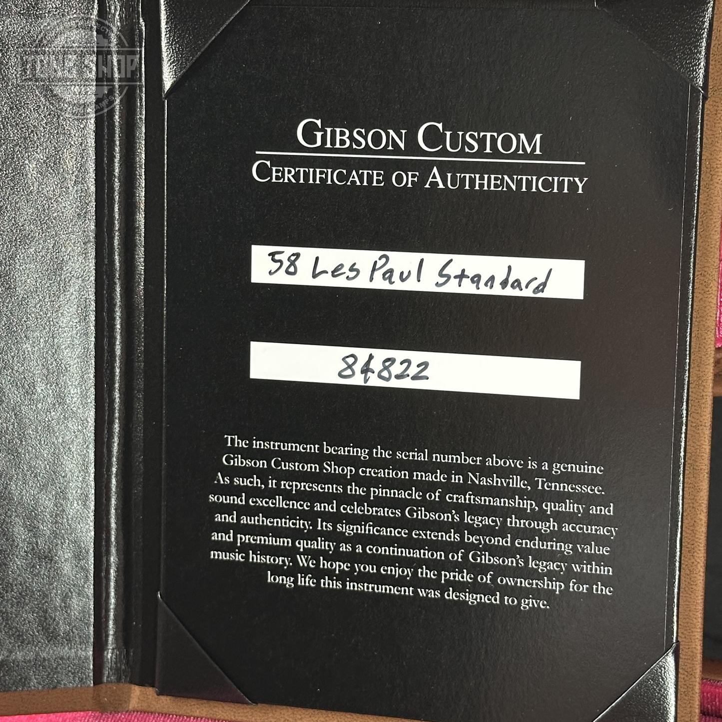 Certificate of Authenticity for Gibson Custom Dealer Select 1958 Les Paul Chambered Golden Poppy VOS 84822.
