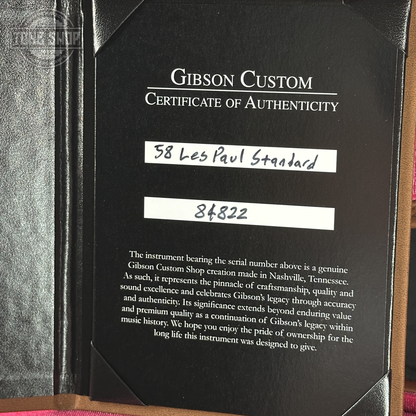 Certificate of Authenticity for Gibson Custom Dealer Select 1958 Les Paul Chambered Golden Poppy VOS 84822.