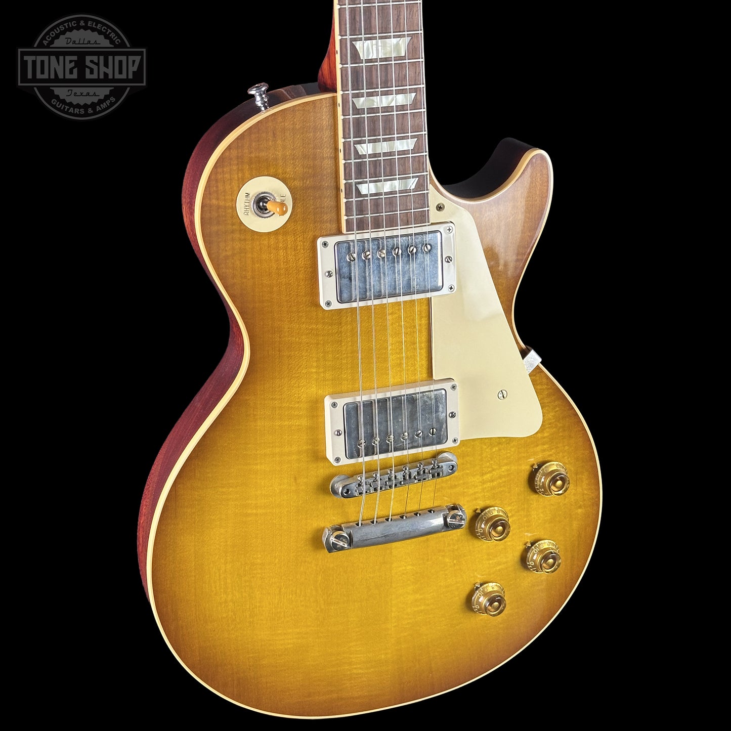 Front left angle of Gibson Custom Dealer Select 1958 Les Paul Chambered Golden Poppy VOS 84822 body.