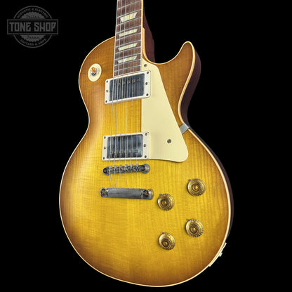 Front right angle of Gibson Custom Dealer Select 1958 Les Paul Chambered Golden Poppy VOS 84822 body.