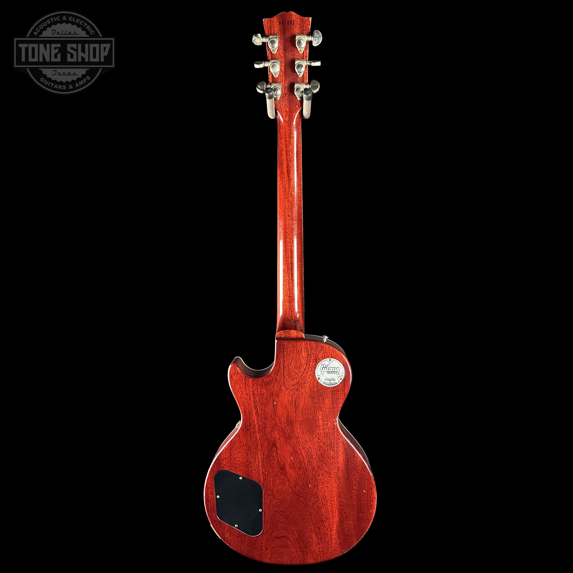 Back of Gibson Custom Dealer Select 1959 Les Paul Chambered Lemon Burst Light Aged 941685.