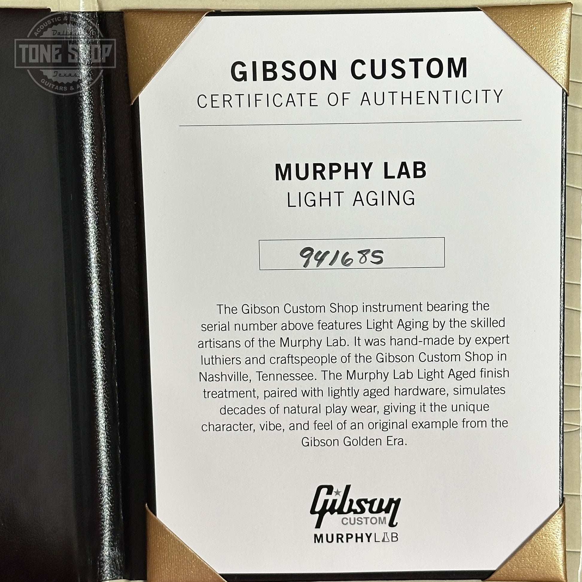 Certificate of Authenticity for Gibson Custom Dealer Select 1959 Les Paul Chambered Lemon Burst Light Aged 941685.