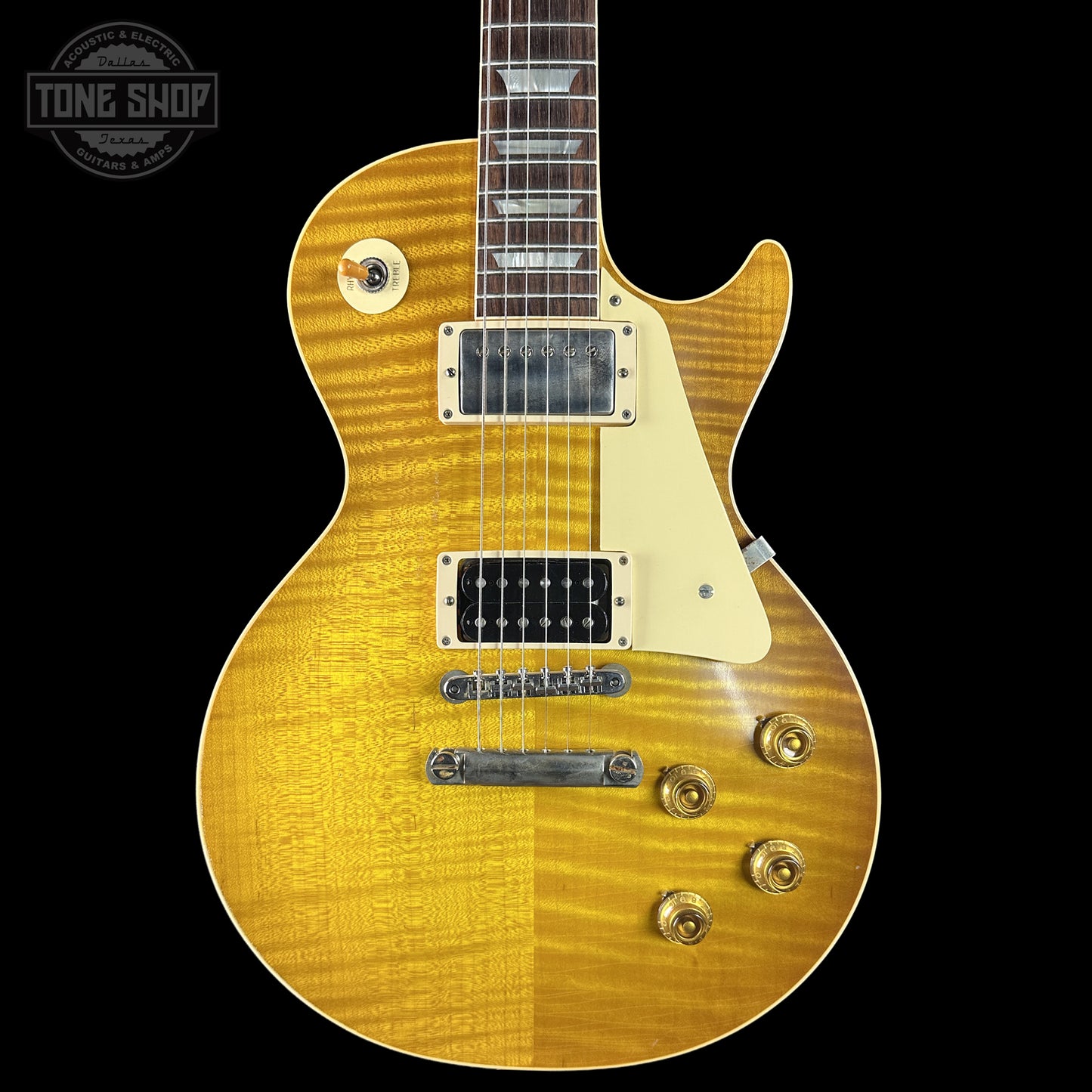 Front of Gibson Custom Dealer Select 1959 Les Paul Chambered Lemon Burst Light Aged 941840.
