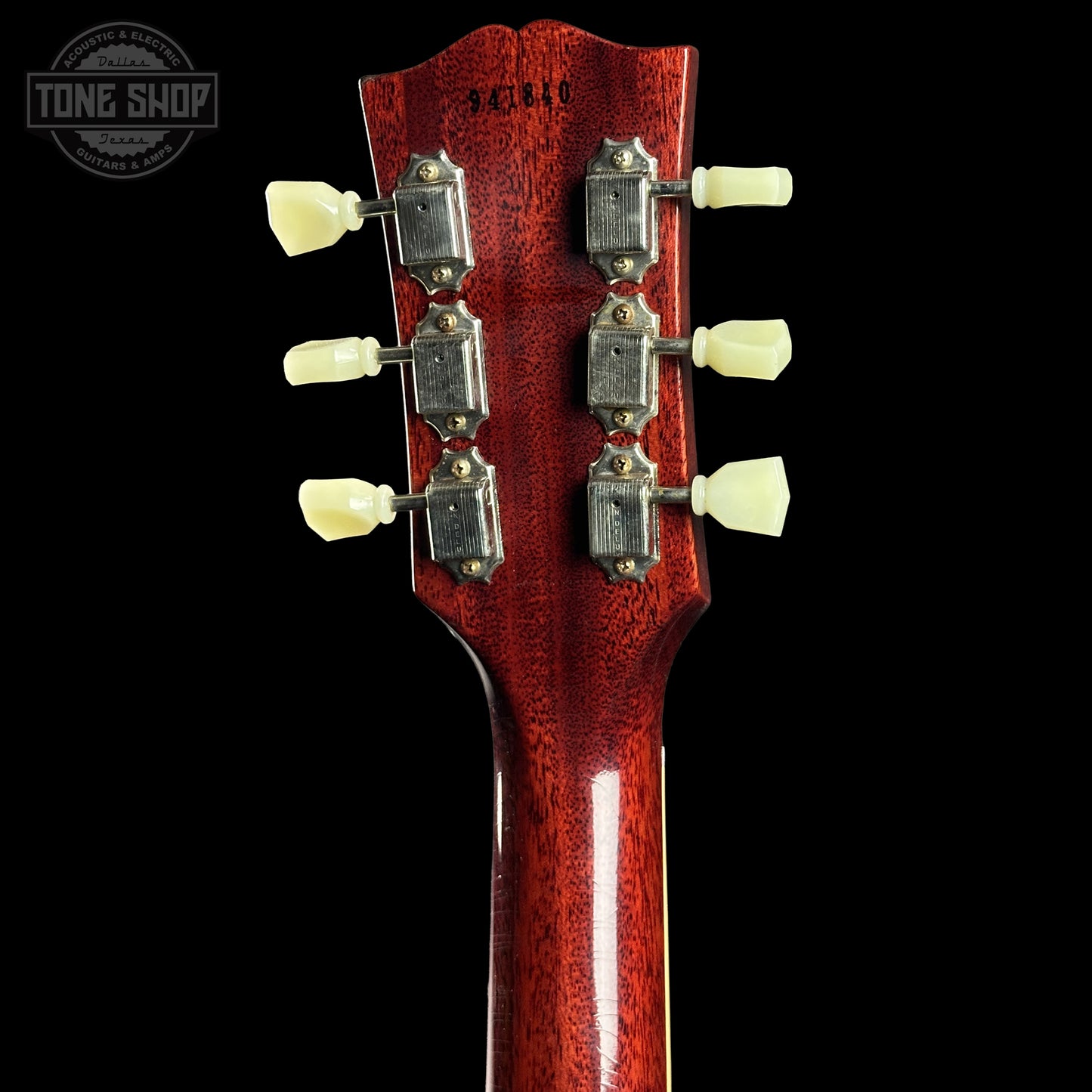 Back of Gibson Custom Dealer Select 1959 Les Paul Chambered Lemon Burst Light Aged 941840 headstock.