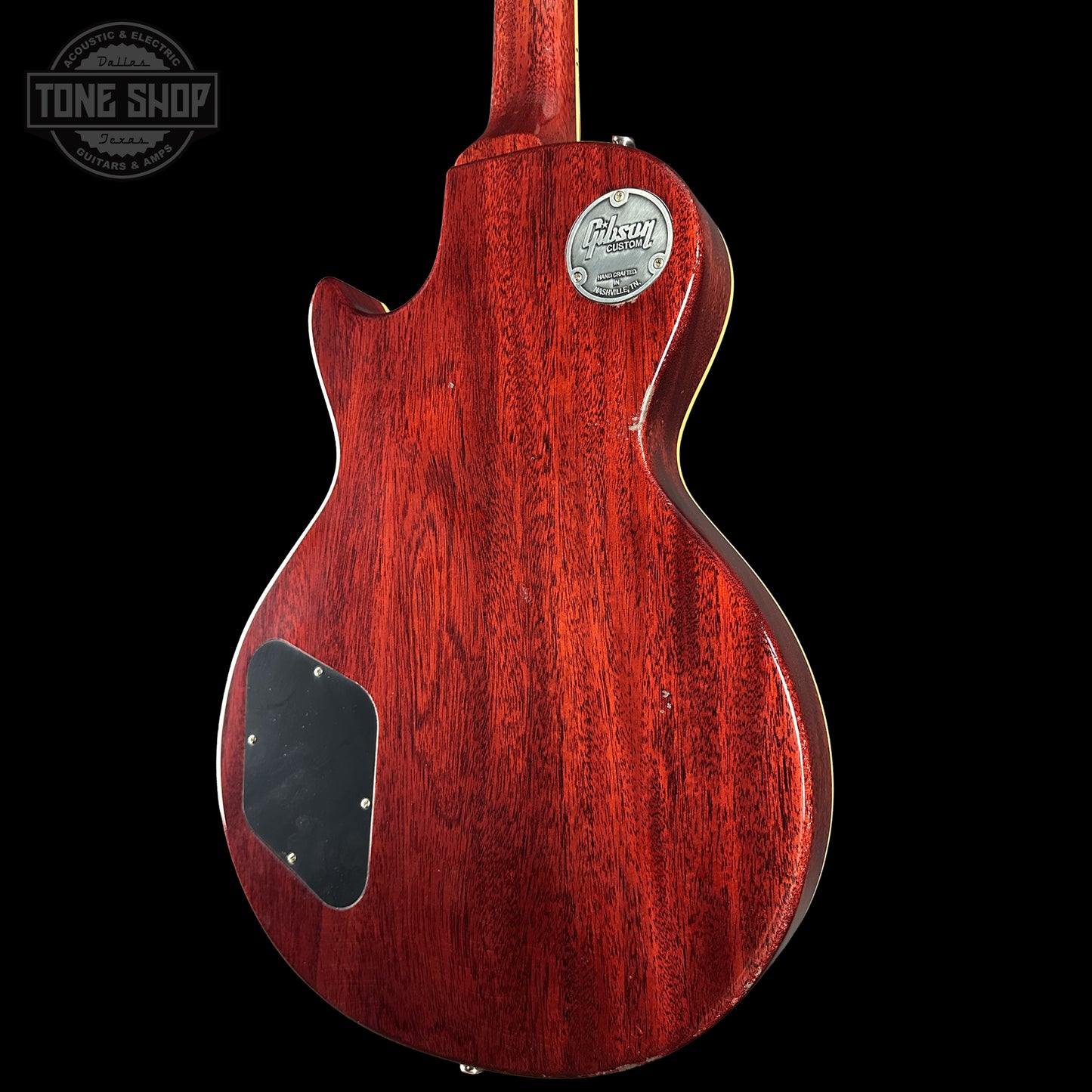 Back of Gibson Custom Dealer Select 1959 Les Paul Chambered Lemon Burst Light Aged 942369 body.