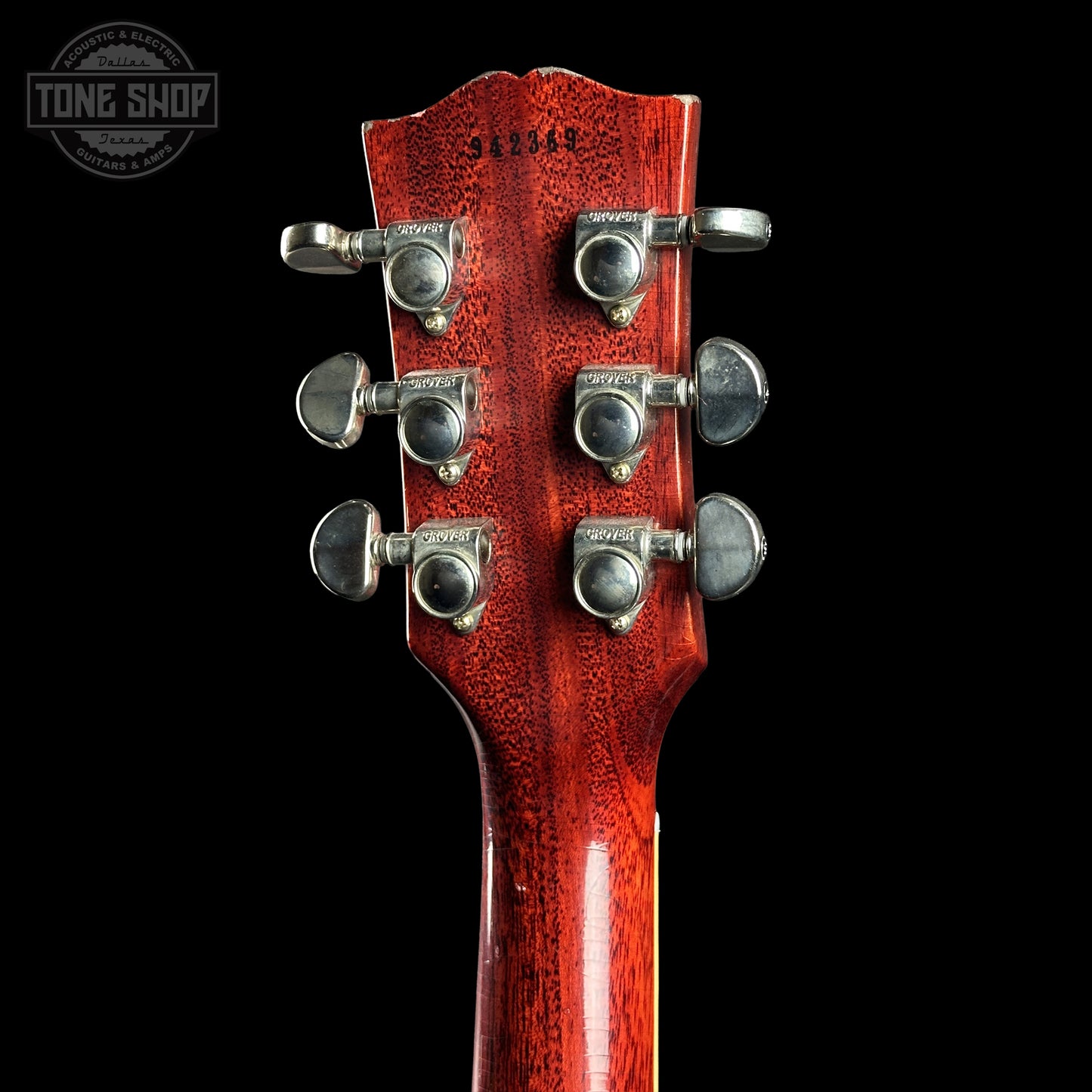 Back of Gibson Custom Dealer Select 1959 Les Paul Chambered Lemon Burst Light Aged 942369 headstock.