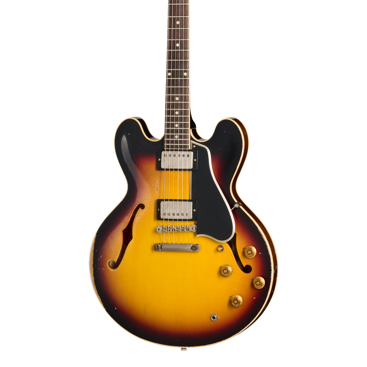 Front of Gibson Custom Shop 1959 ES 335 Reissue Ultra Heavy Aged Vintage Burst.
