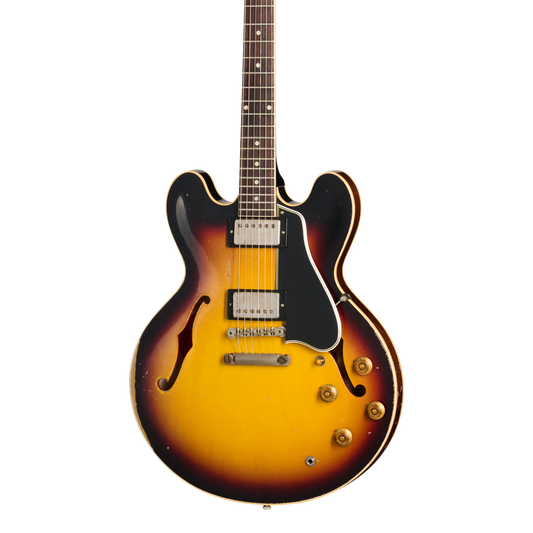 Front of Gibson Custom Shop 1959 ES 335 Reissue Ultra Heavy Aged Vintage Burst.