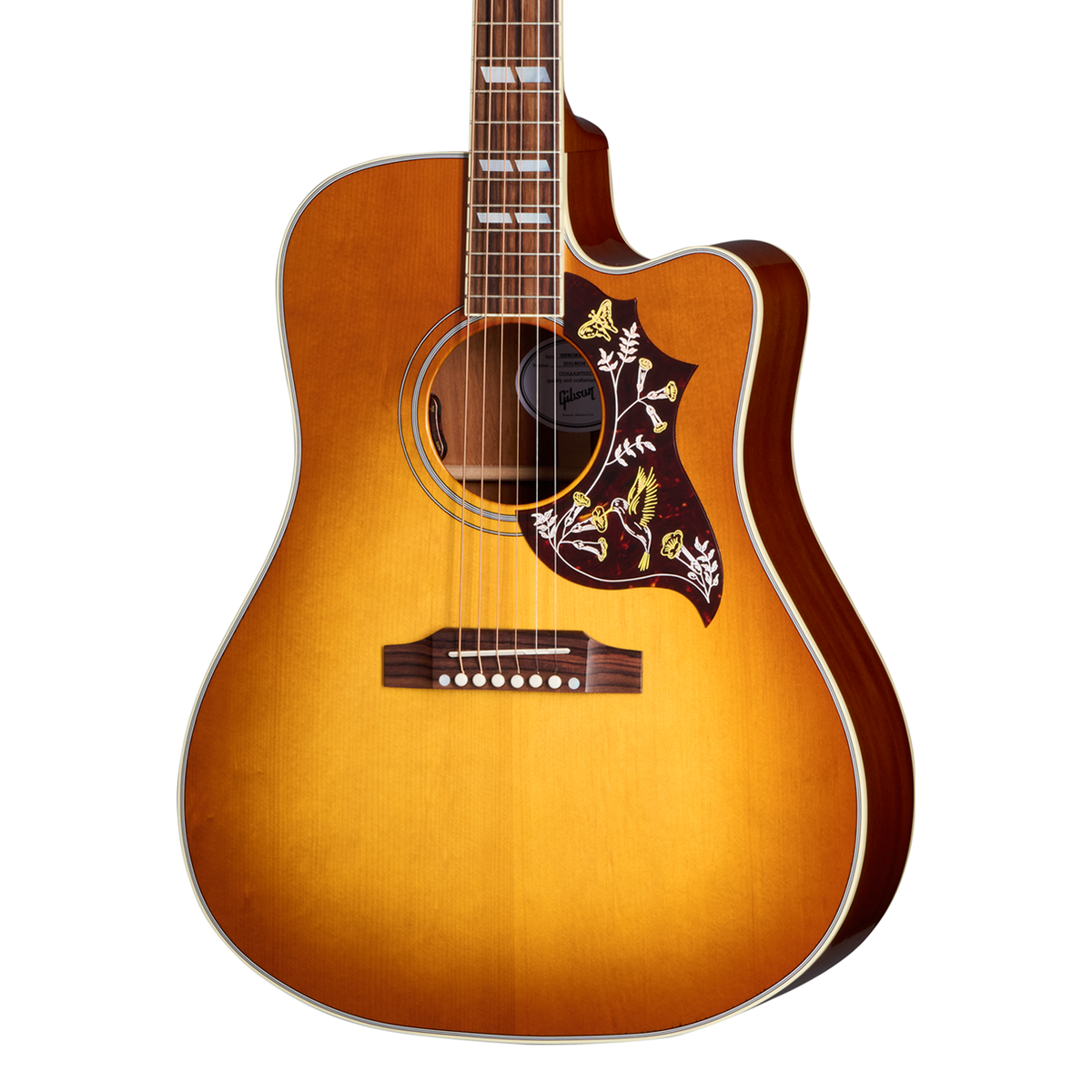 Front of Gibson Hummingbird Standard EC Heritage Cherry Sunburst.