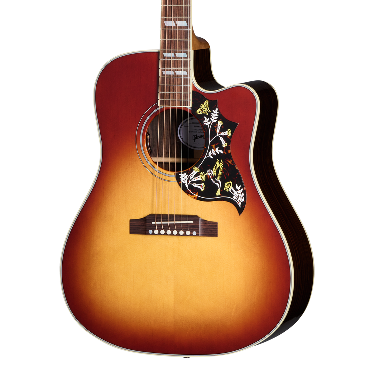 Front of Gibson Hummingbird Standard Rosewood EC Rosewood Burst.