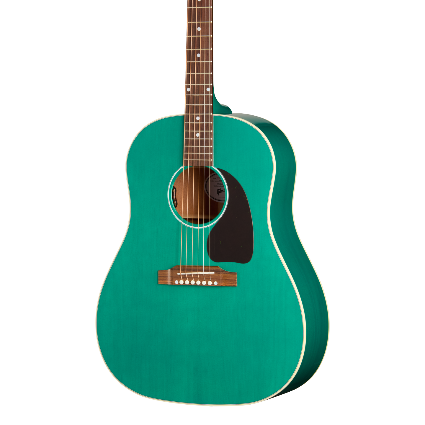Front of Gibson J 45 Standard Translucent Teal.